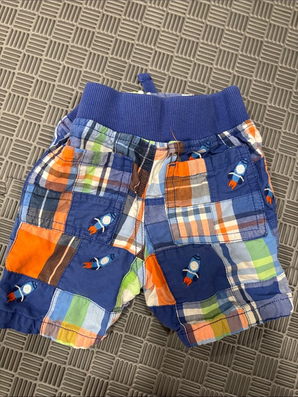 Gymboree Plaid Rocket Patch Toddler Shorts - Navy, Orange, Green